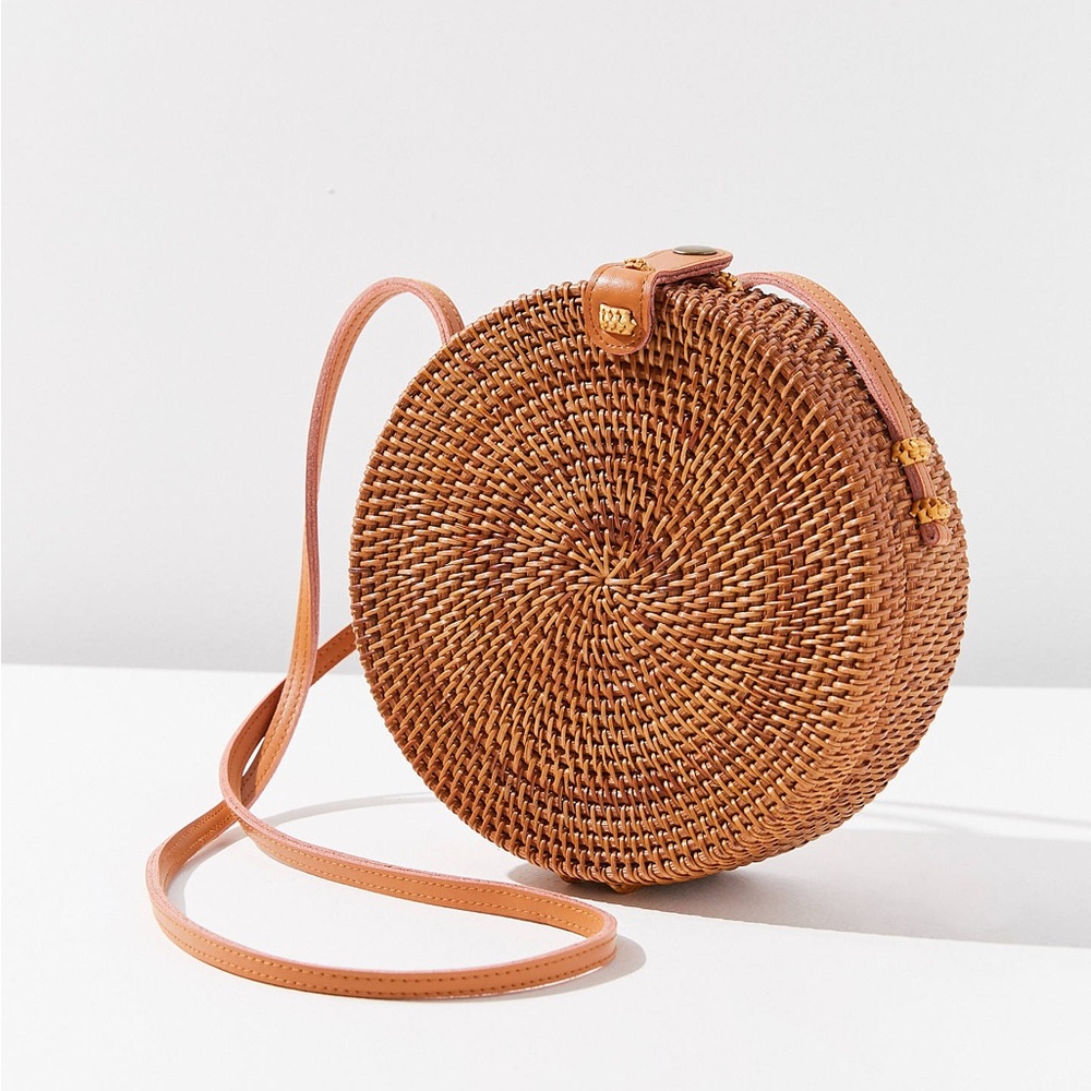 Round Rattan Crossbody Bag - Tan
